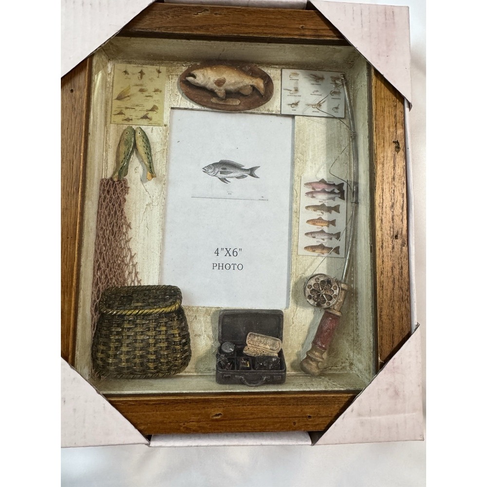 VINTAGE Frame Fishing Shadow Box 4X6 picture‎ space HEAVY Wood / Tackle Box Pole